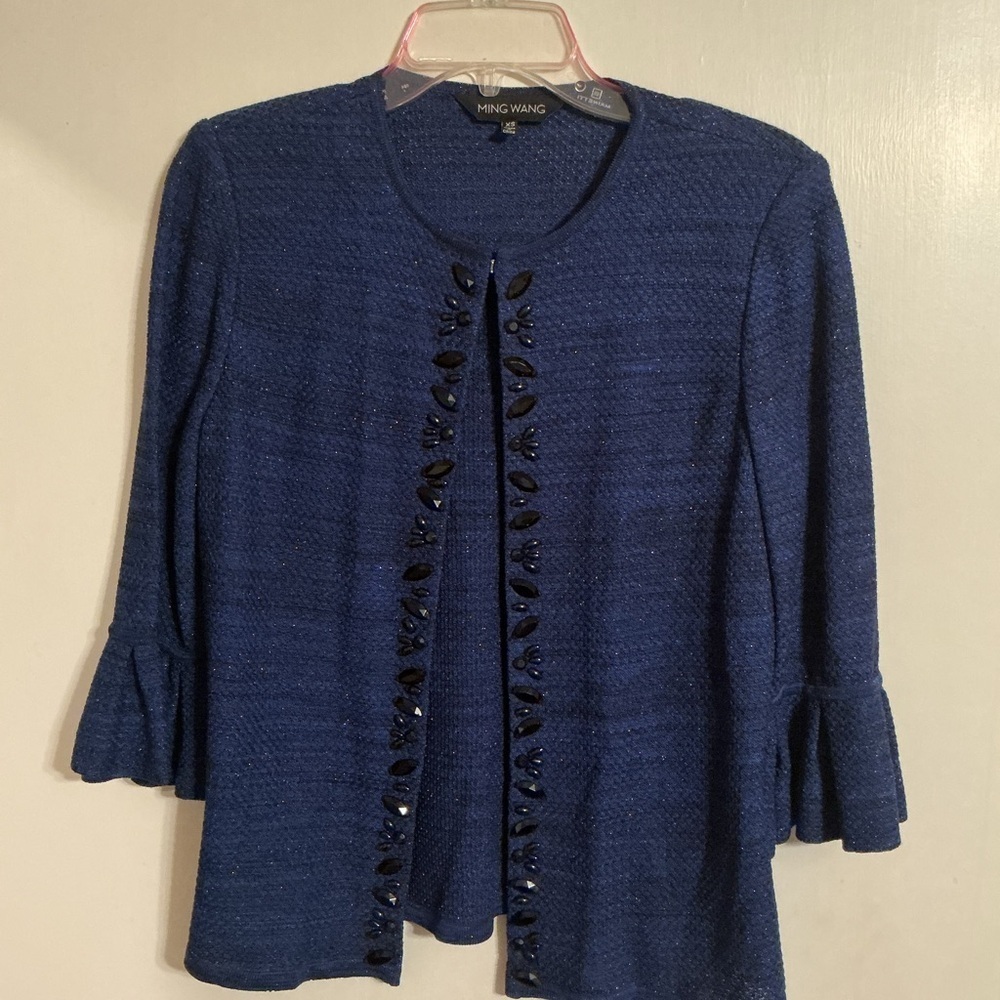 Ming Wang Navy Knit Cardigan with Black Accents xs